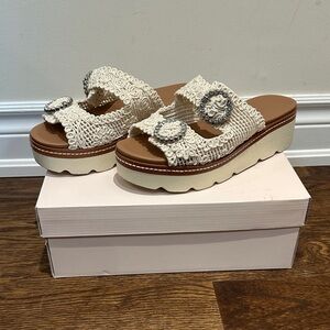 Chinese Laundry Cream Woven Platform Slide Mules with Decorative Buckles
